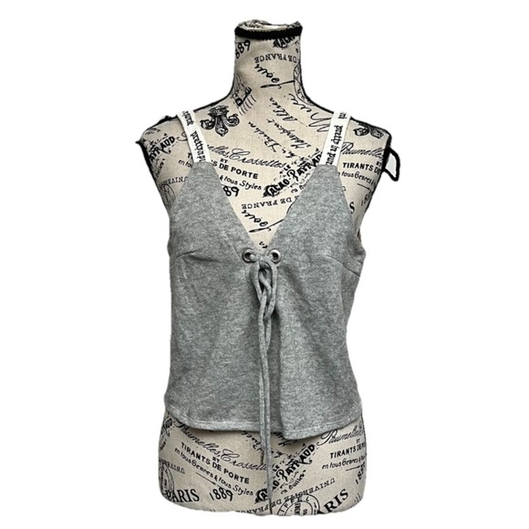 ESSUE Italian Grey Terry Knit Crop Top Lace Up Front Boho Beachy Peasent Norm S - Picture 1 of 10